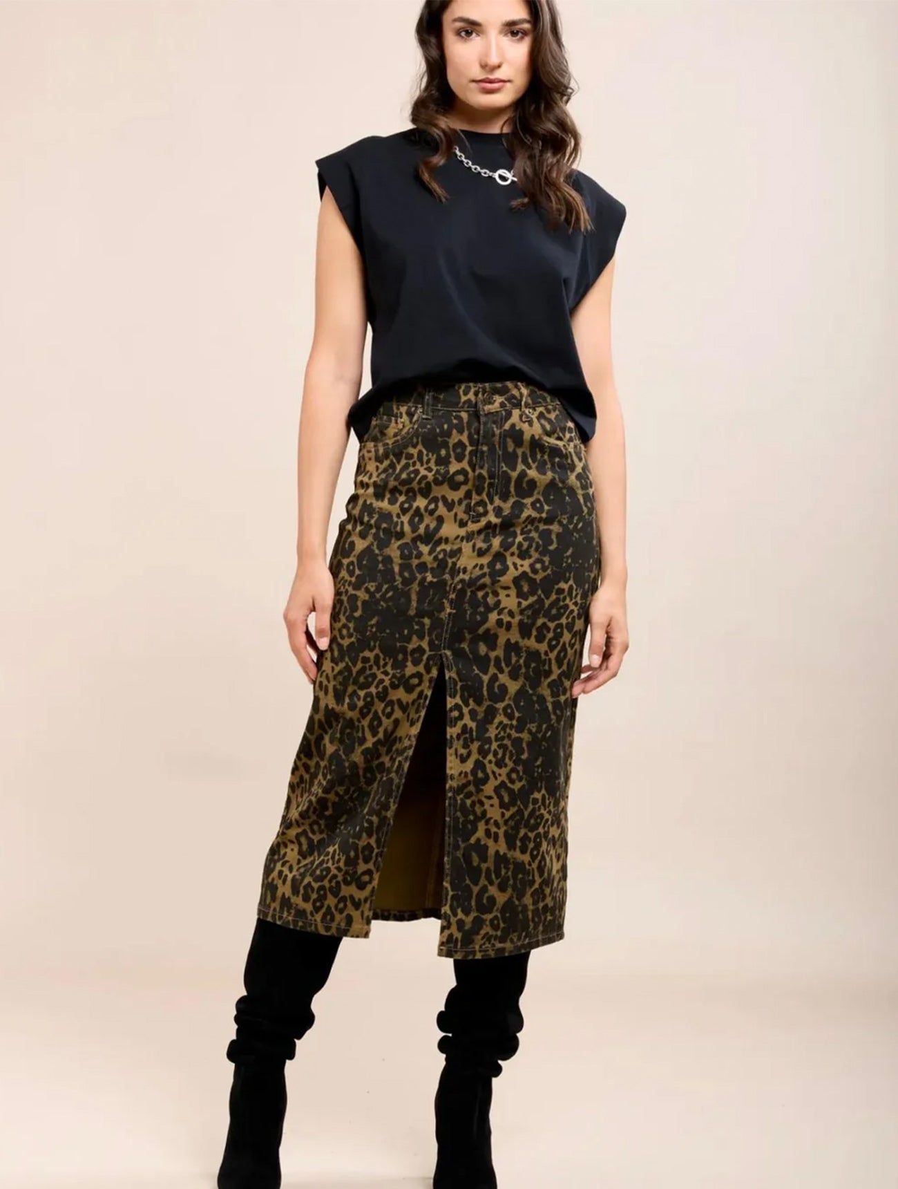 Toxik3 Leopard Stretch Denim Midi Skirt | Brown Multi