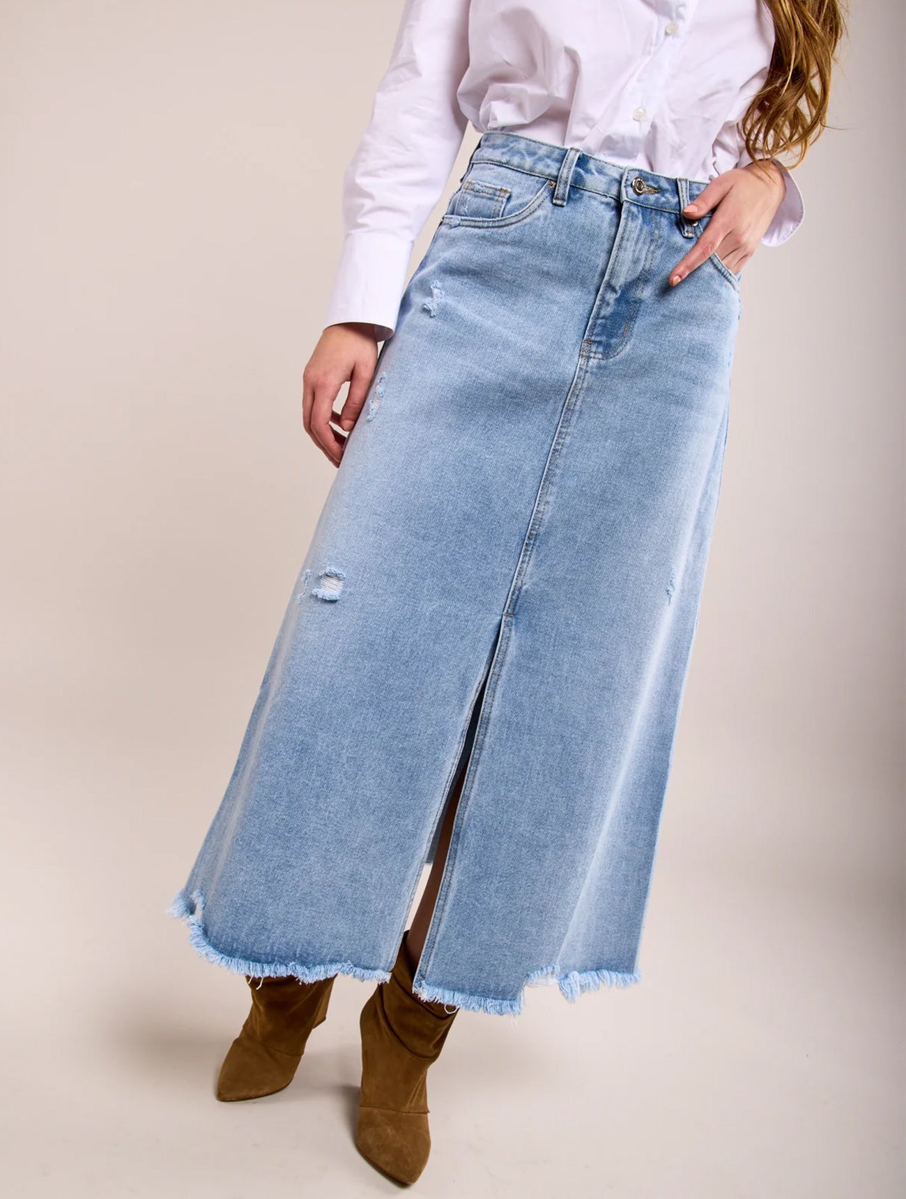 Toxik3 Distressed Denim Long Skirt | Light Vintage Wash