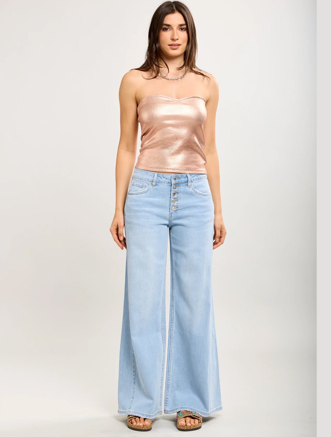 Toxik3 Wide Leg Stretch Jeans with Rhinestone Buttons | Light Wash