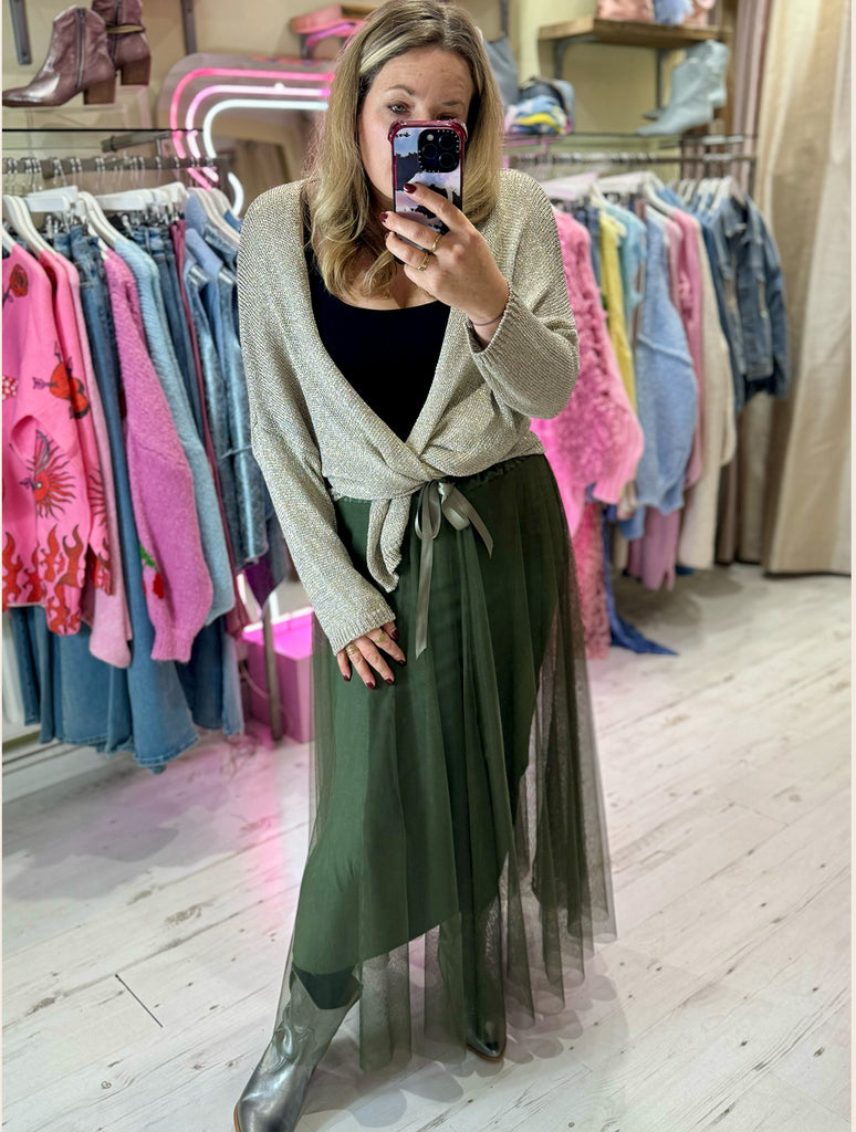 Tulle Flared Midi Skirt Khaki Pink Flamingo Boutique Kent