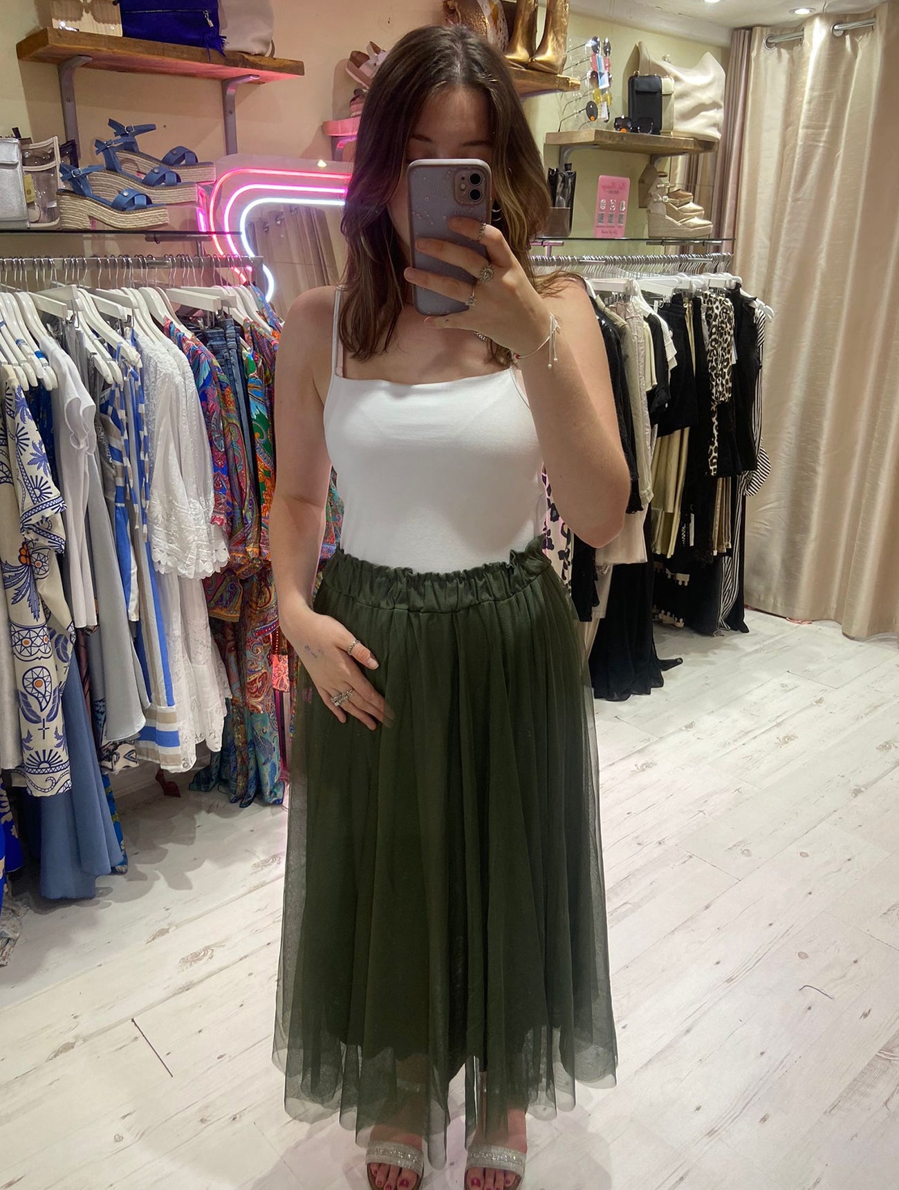 Khaki tulle midi skirt shop