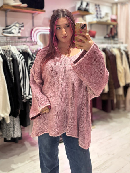 Cosy Oversized V-Neck Jumper | Dusky Pink/Lilac