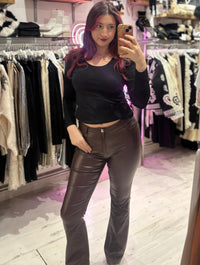 Coated Wet Look Flared Jeans | Chocolate