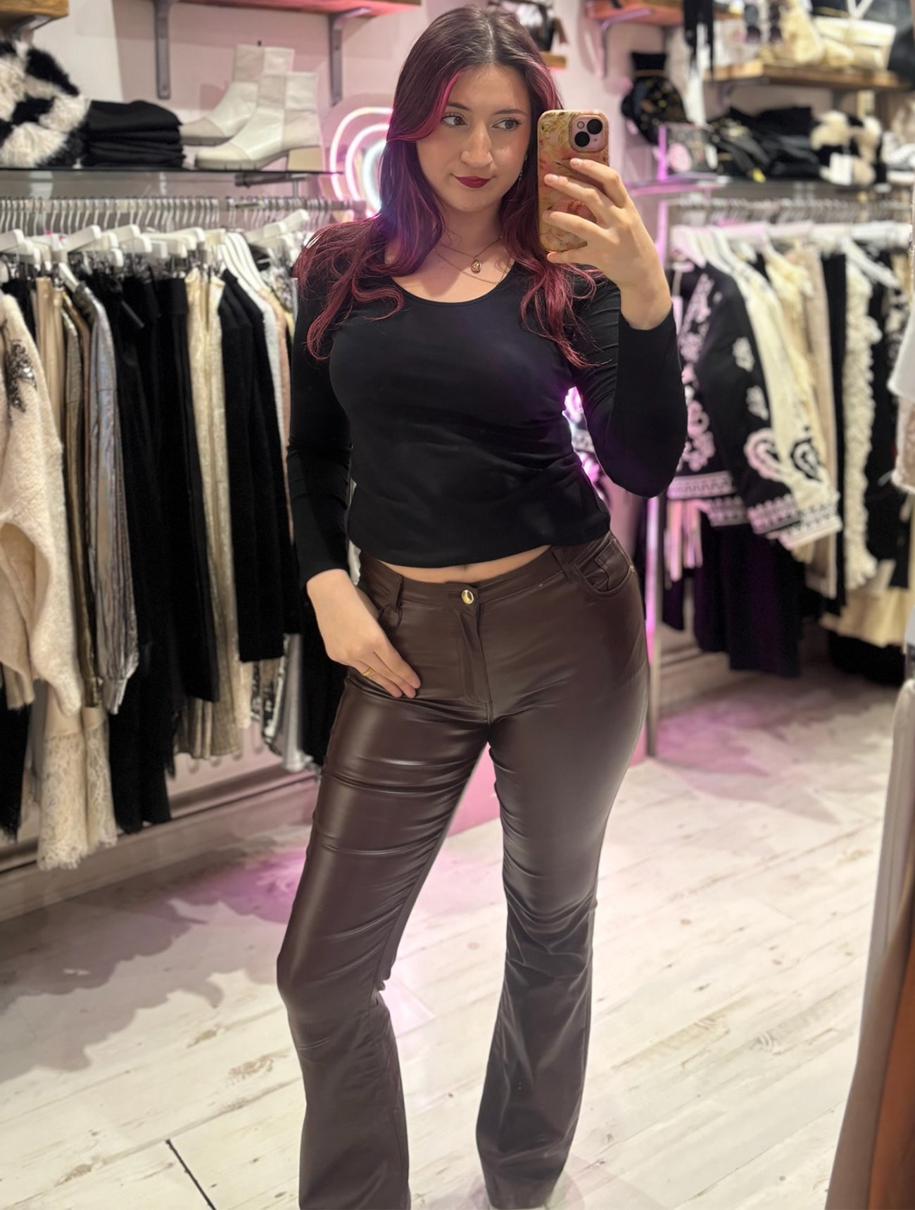 Coated Wet Look Flared Jeans | Chocolate