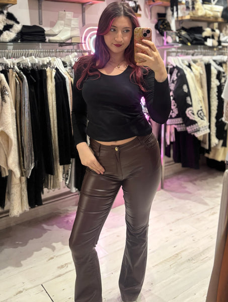 Coated Wet Look Flared Jeans | Chocolate