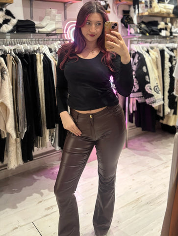 Coated Wet Look Flared Jeans | Chocolate