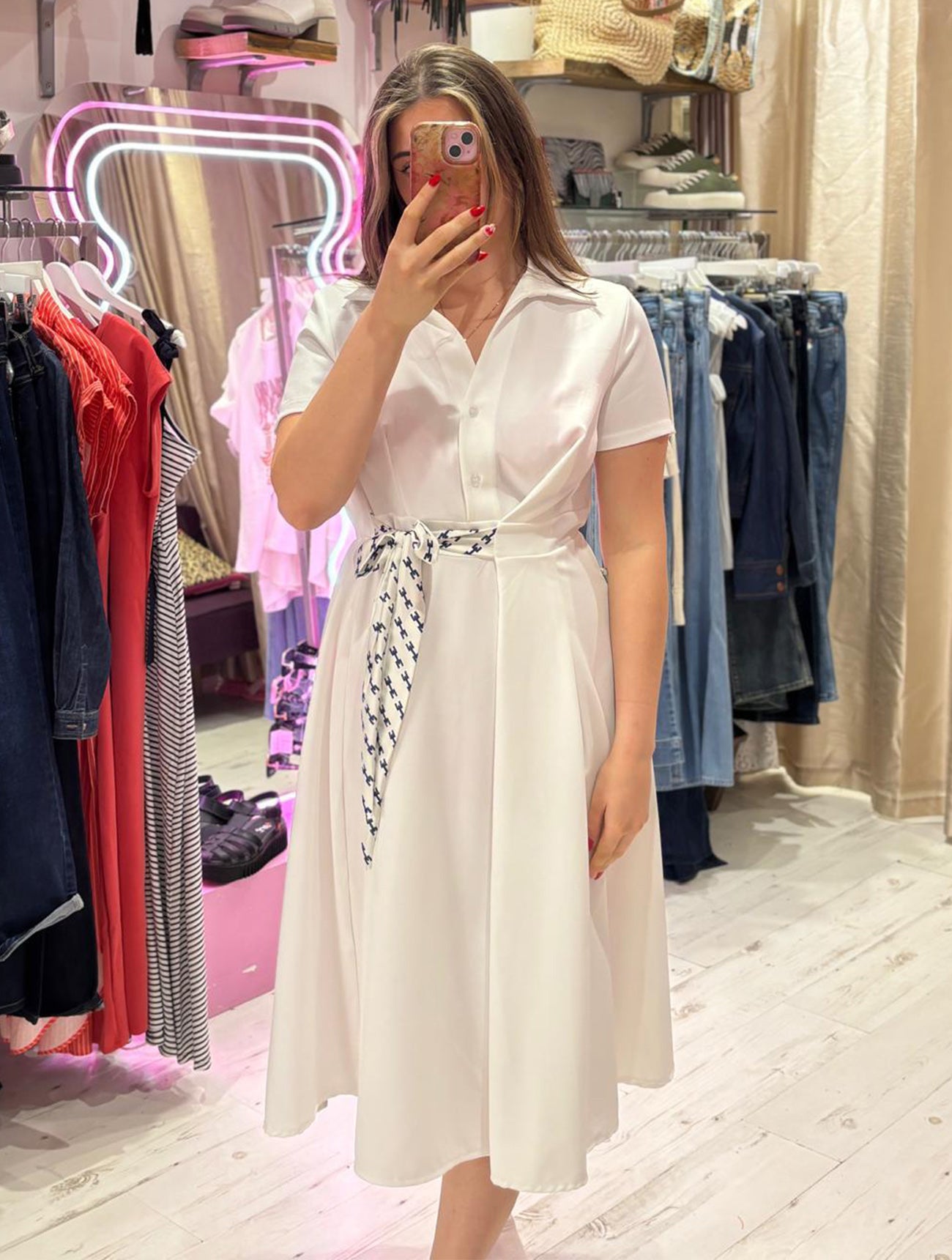Retro Inspired Shirt Dress with Tie | White
