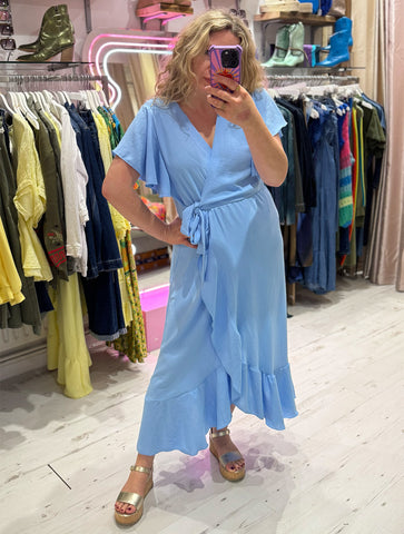 Ruffle Detail Wrap Midi Dress | Sky Blue