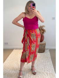 Tiger/Stripes Bright Cotton Wrap Midi Skirt | Pink/Orange
