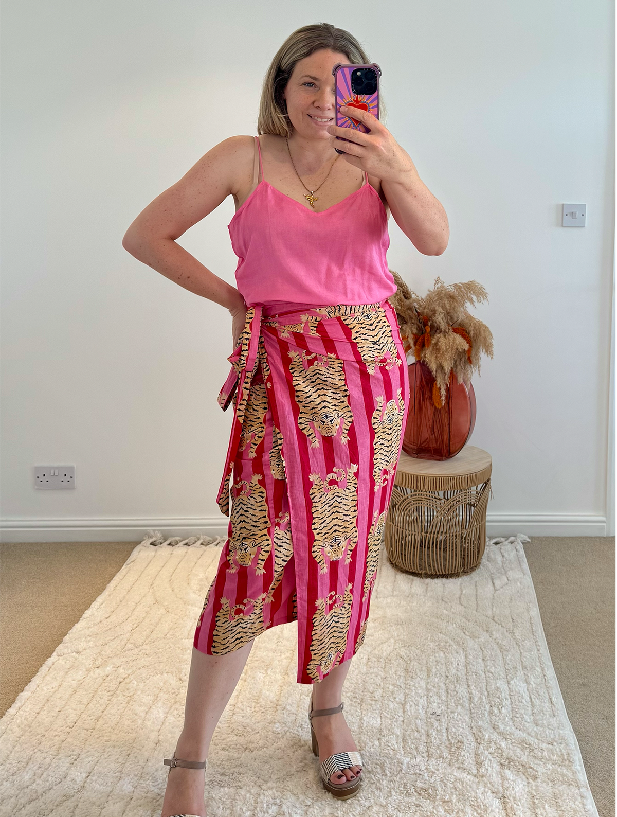 Tiger/Stripes Bright Cotton Wrap Midi Skirt | Red/Pink