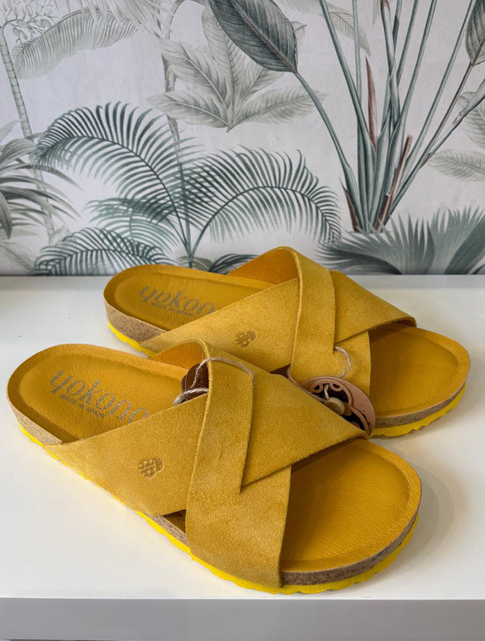 Yokono | ONLY-300 | Suede Cross Strap Slip On Sandal | Mustard Yellow