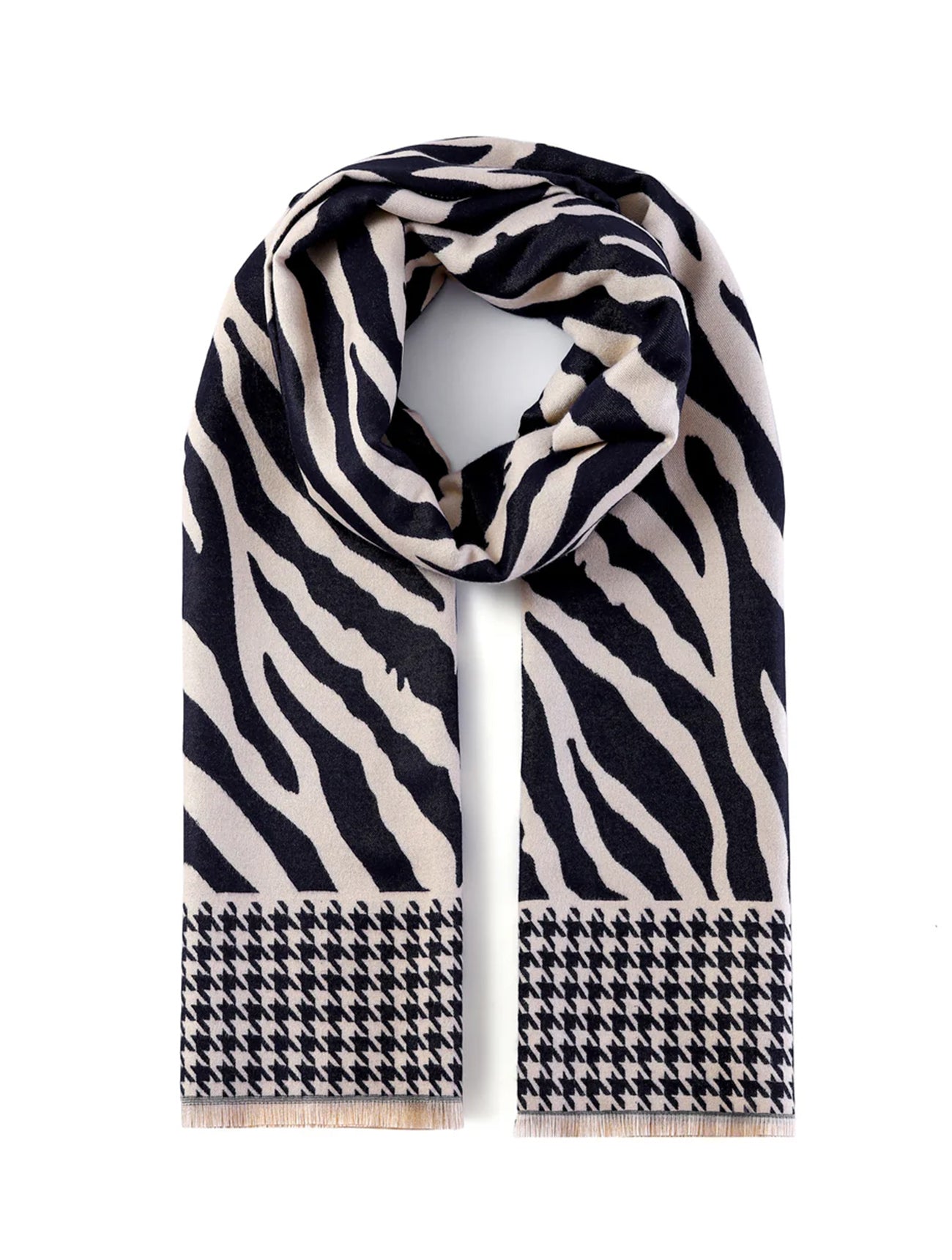 Luxurious Double Sided Jacquard Zebra and Houndstooth Scarf | Black and White