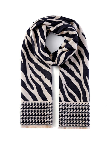Luxurious Double Sided Jacquard Zebra and Houndstooth Scarf | Black and White