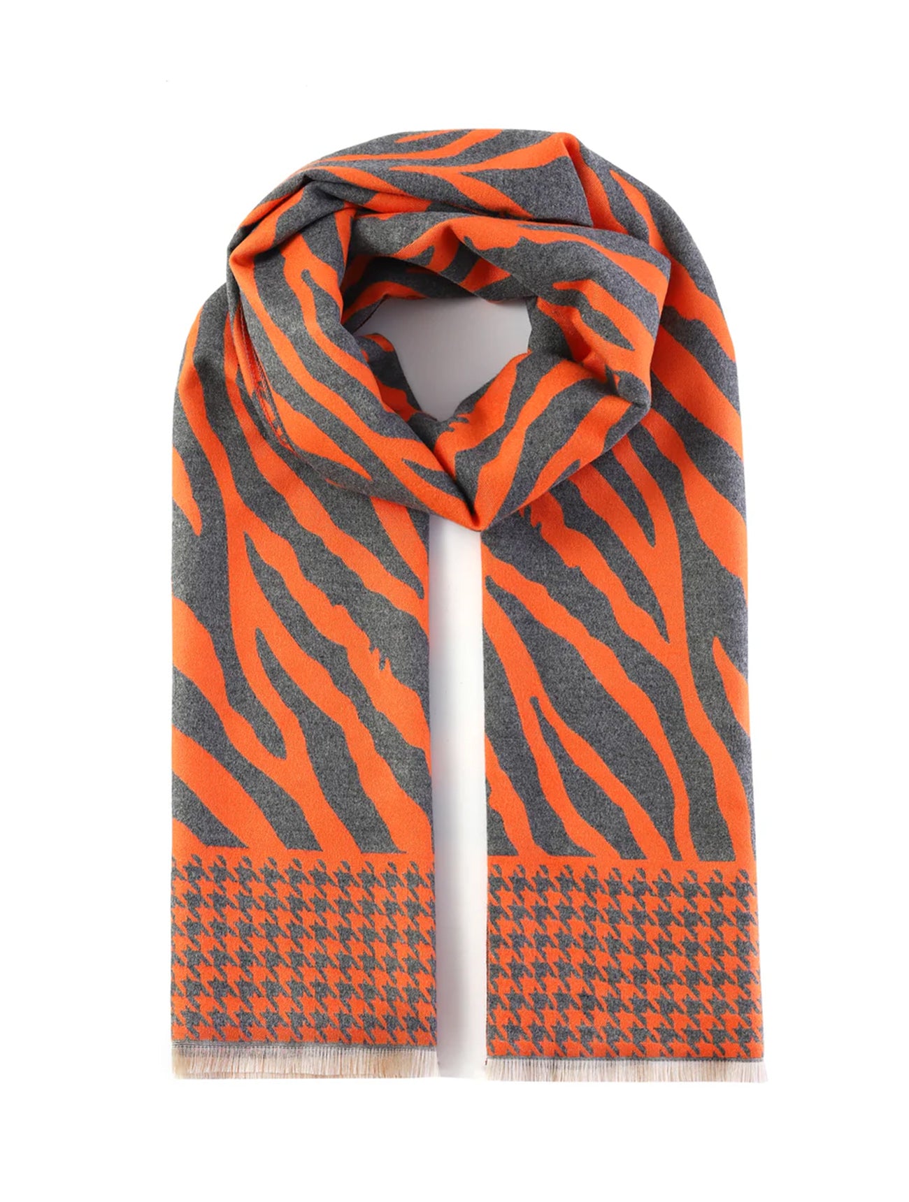 Luxurious Double Sided Jacquard Zebra and Houndstooth Scarf | Orange/Grey