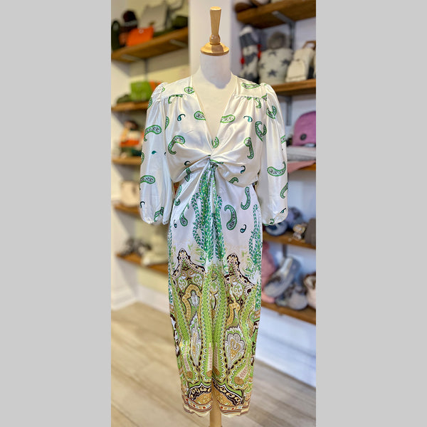 Paisley Knot Front Midi Dress | Cream/Green