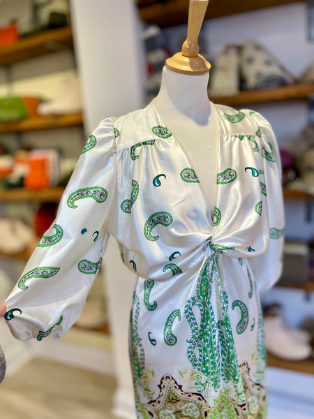 Paisley Knot Front Midi Dress | Cream/Green