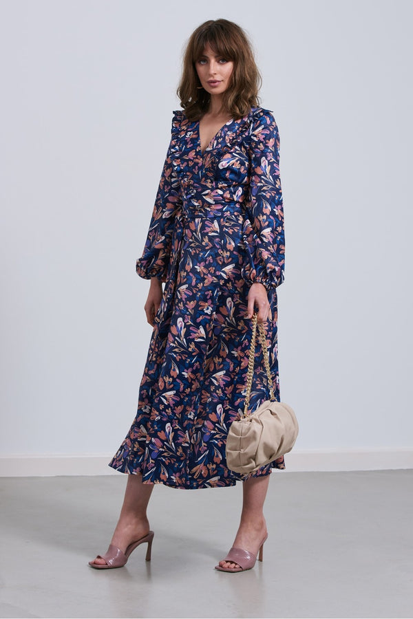 V Neck Floral Midi Dress | Blue Multi