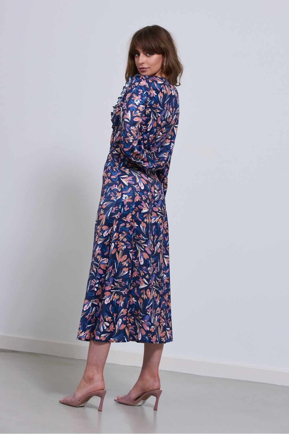 V Neck Floral Midi Dress | Blue Multi