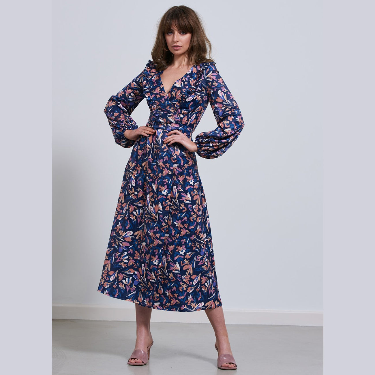 V Neck Floral Midaxi Dress | Blue Multi