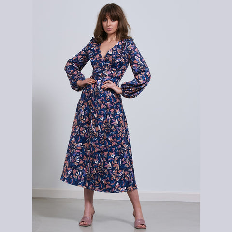 V Neck Floral Midi Dress | Blue Multi