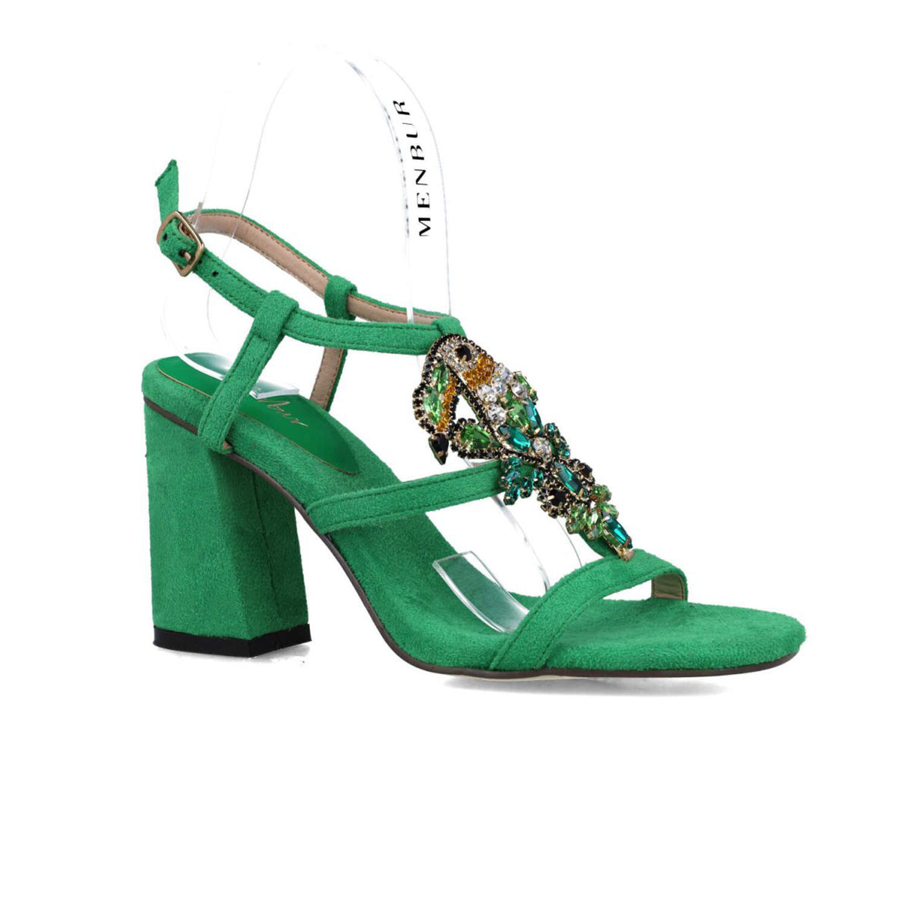 Normae Embellished Block Heel Sandal Emerald Green Pink Flamingo Boutique Kent
