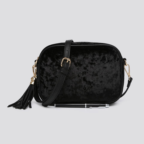 Crushed Velvet Crossbody Bag | Black