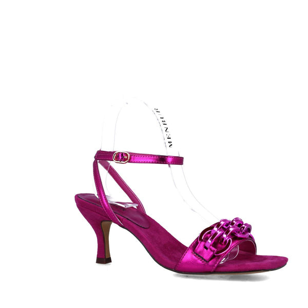 Vulpecula Mid Heel Metallic Sandal | Fuchsia