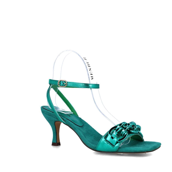 Vulpecula Mid Heel Metallic Sandal | Green